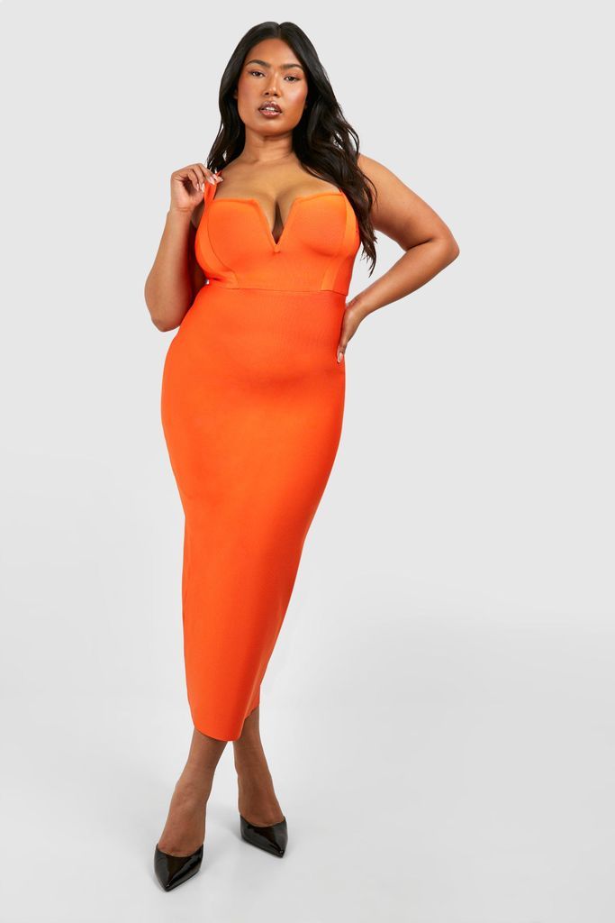 Womens Plus Bandage Mesh V Midi Dress - Orange - 16, Orange