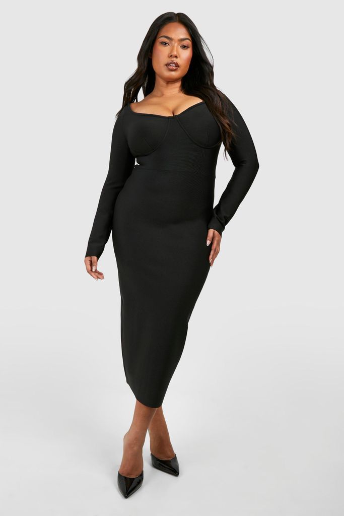 Womens Plus Bandage Off Shoulder Long Sleeve Midi Dress - Black - 16, Black