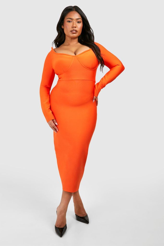 Womens Plus Bandage Off Shoulder Long Sleeve Midi Dress - Orange - 16, Orange