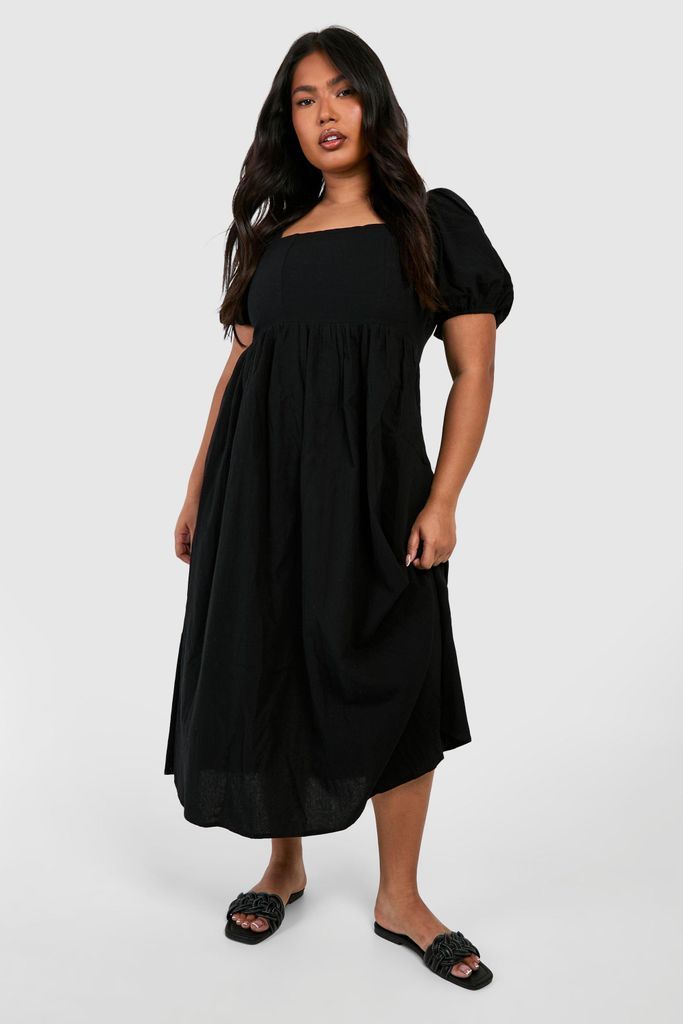 Womens Plus Linen Puff Sleeve Midaxi Smock Dress - Black - 16, Black