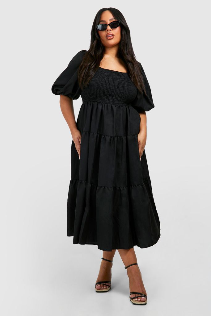Womens Plus Tiered Shirred Midaxi Smock Dress - Black - 16, Black