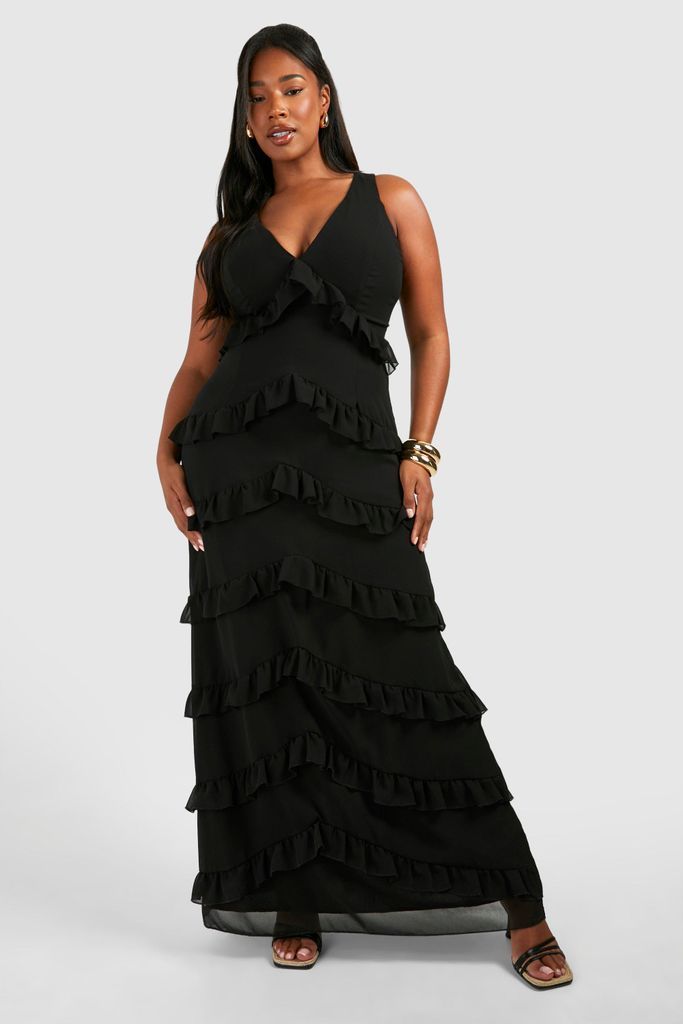 Womens Plus Woven Ruffle Maxi Dress - Black - 16, Black