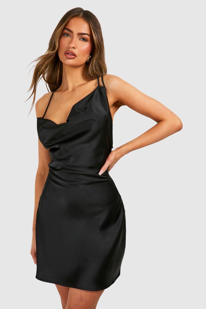 Womens Satin Double Strap Mini Dress - Black - 8, Black