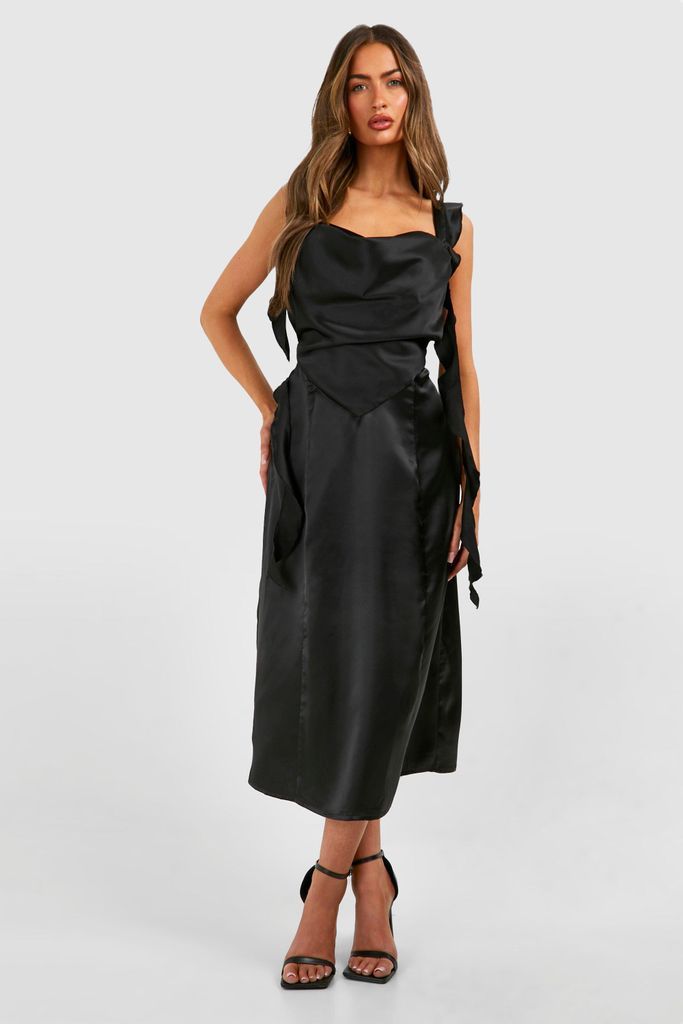Womens Satin Ruffle Midaxi Milkmaid Dress - Black - 8, Black