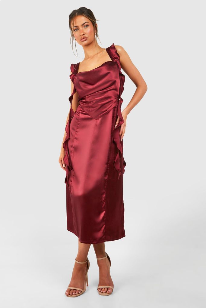 Womens Satin Ruffle Midaxi Milkmaid Dress - Red - 8, Red