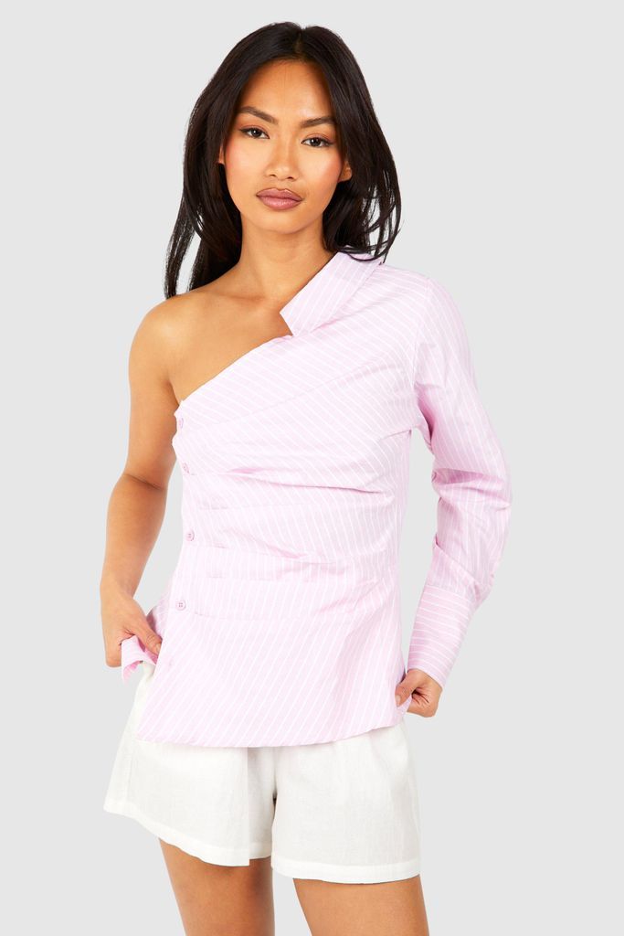 Womens Striped Asymmetric Long Sleeve Shirt - Pink - 6, Pink