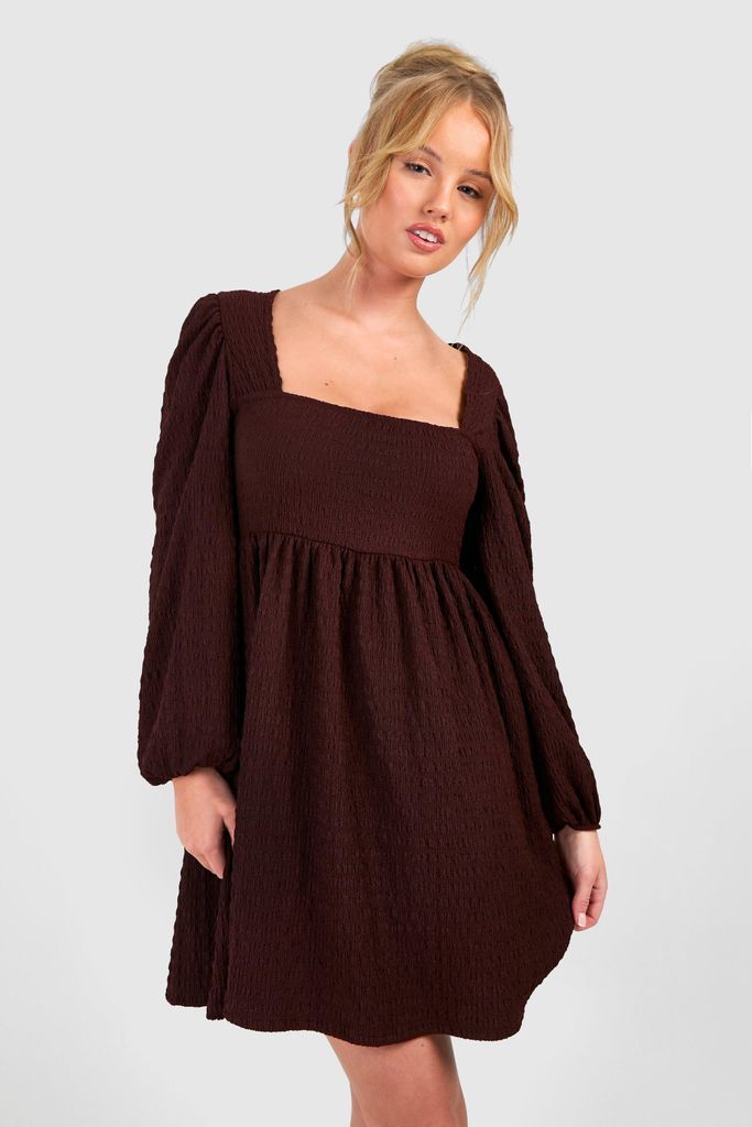 Womens Textured Puff Sleeve Long Sleeve Mini Dress - Brown - 8, Brown