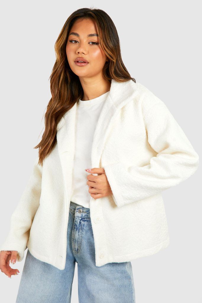 Womens Textured Wool Look Button Detail Jacket - Cream - 8, Cream