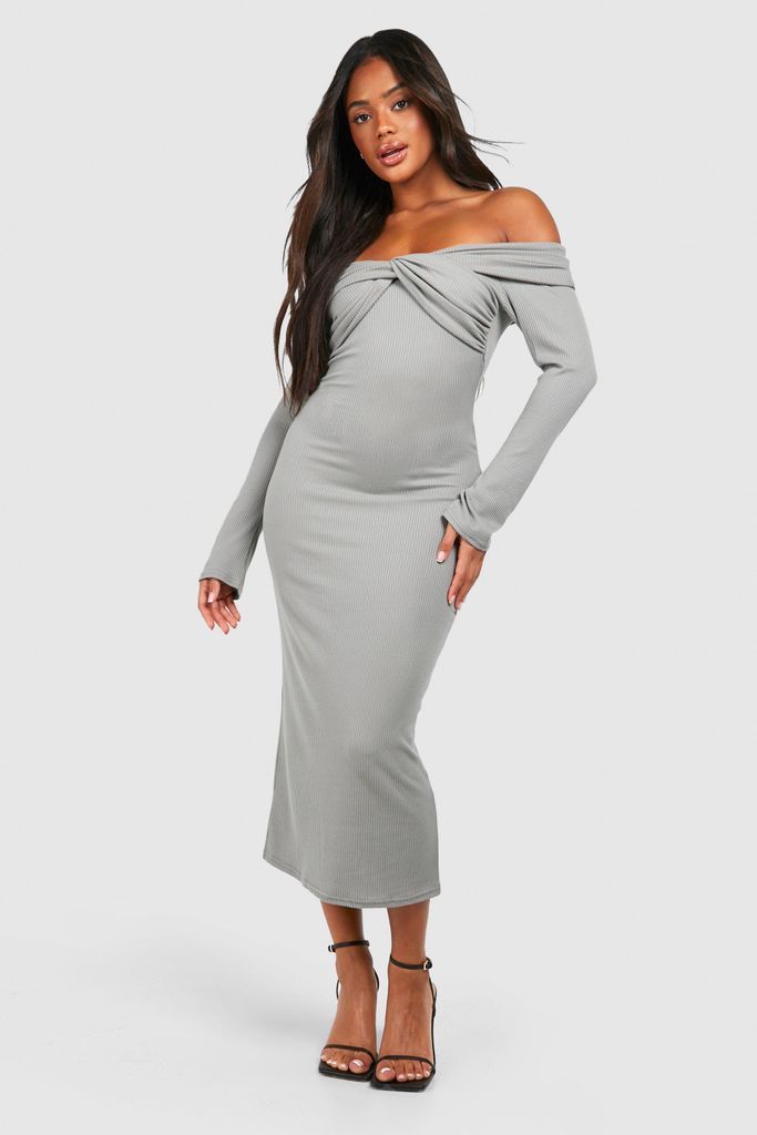 Womens Twist Detail Bardot Soft Rib Midaxi Dress - Grey - 8, Grey