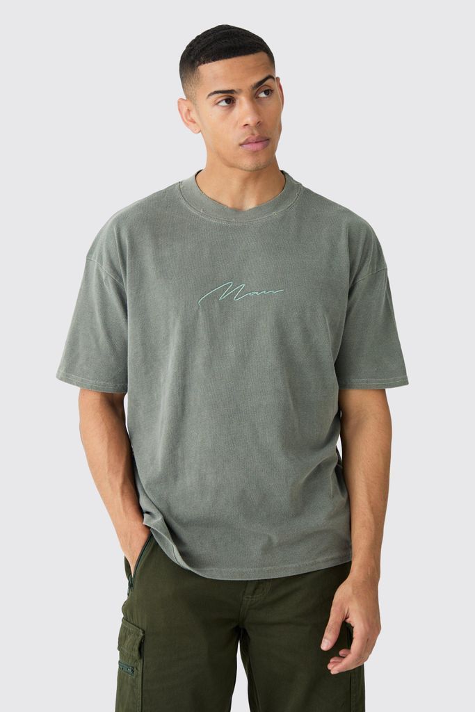 Men's Oversized Distressed Washed Man Embroidered T-Shirt - Green - S, Green