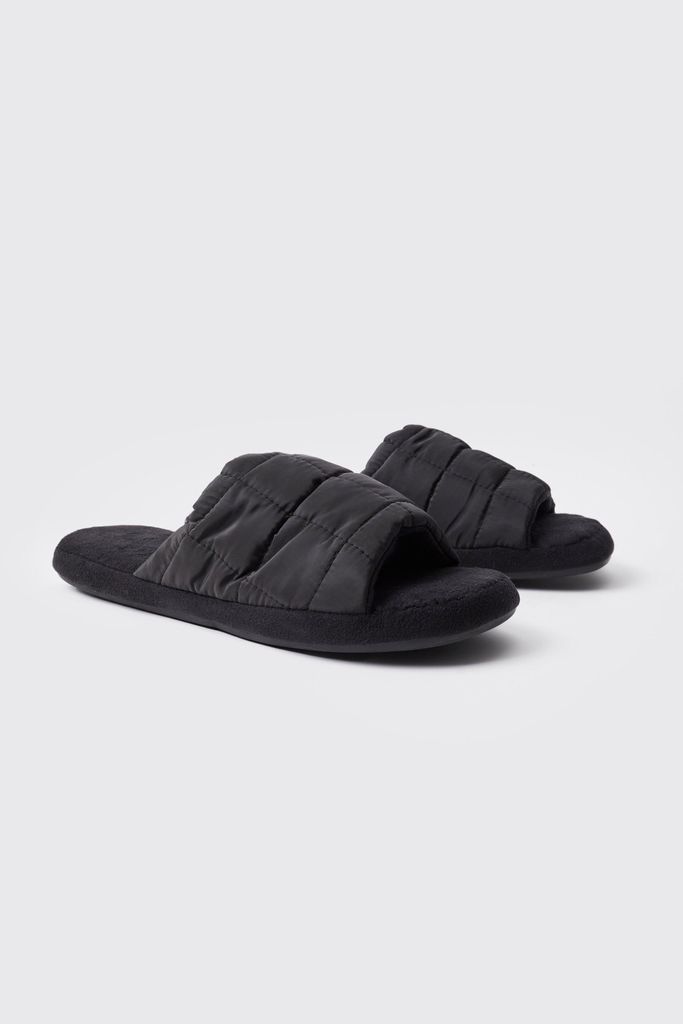 Men's Open Toe Quilted Nylon Slippers - Black - 8, Black
