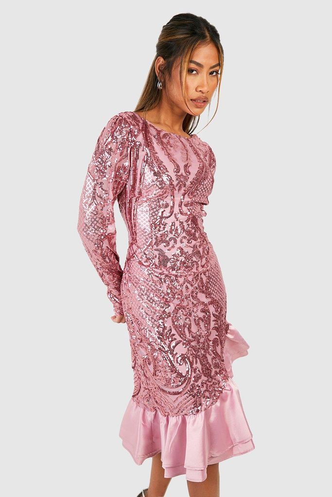 Womens Sequin Baroque Ruffle Mini Party Dress - Pink - 8, Pink