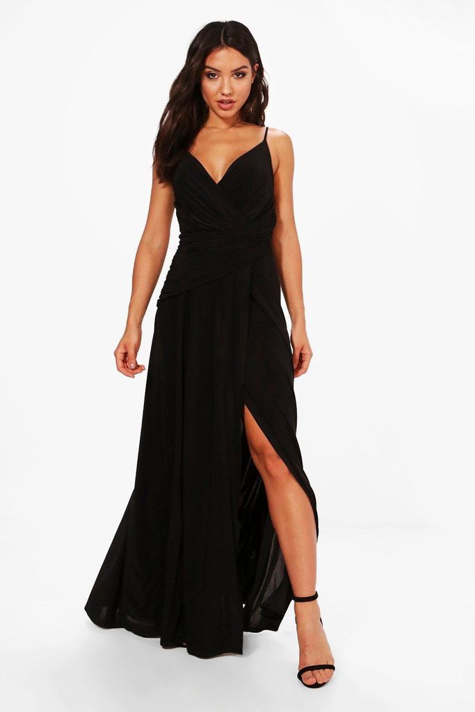 Womens Slinky Wrap Ruched Strappy Maxi Bridesmaid Dress - Black - 8, Black