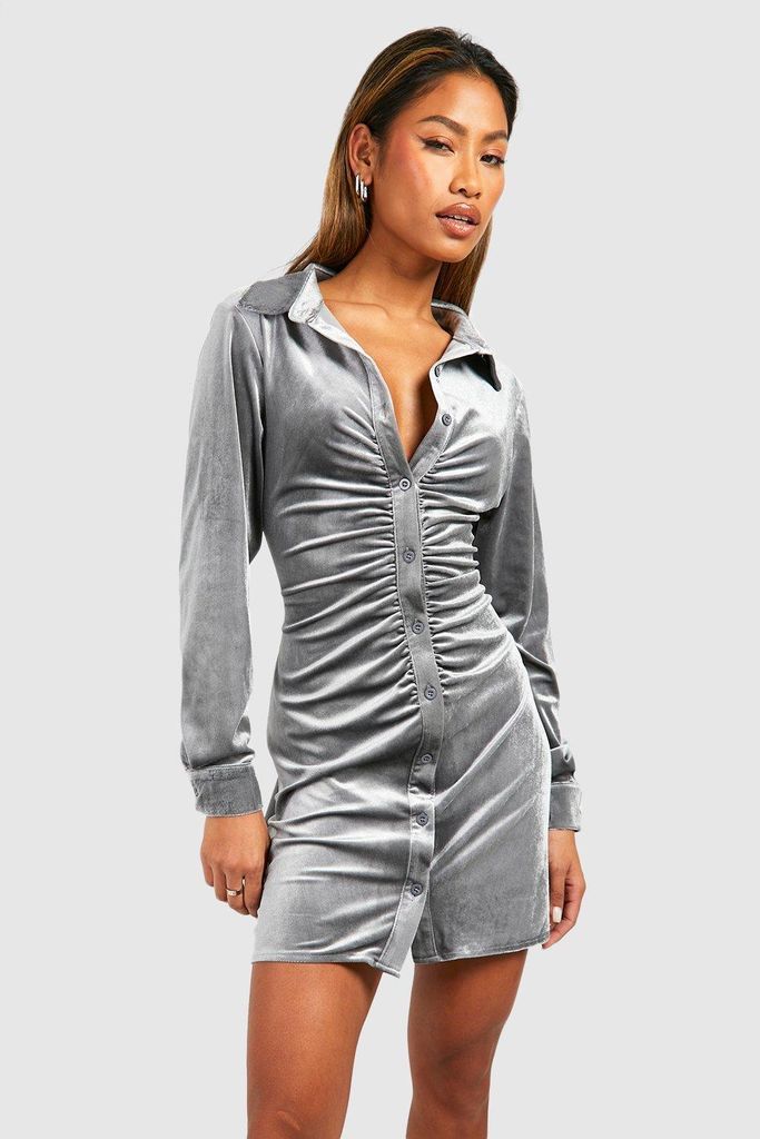 Womens Velvet Ruched Detail Shirt Party Dress - Grey - 6, Grey