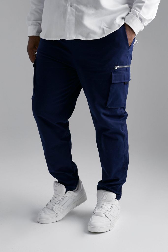 Men's Plus Slim Fit Twill Zip Pocket Cargo Trouser - Navy - Xxxl, Navy