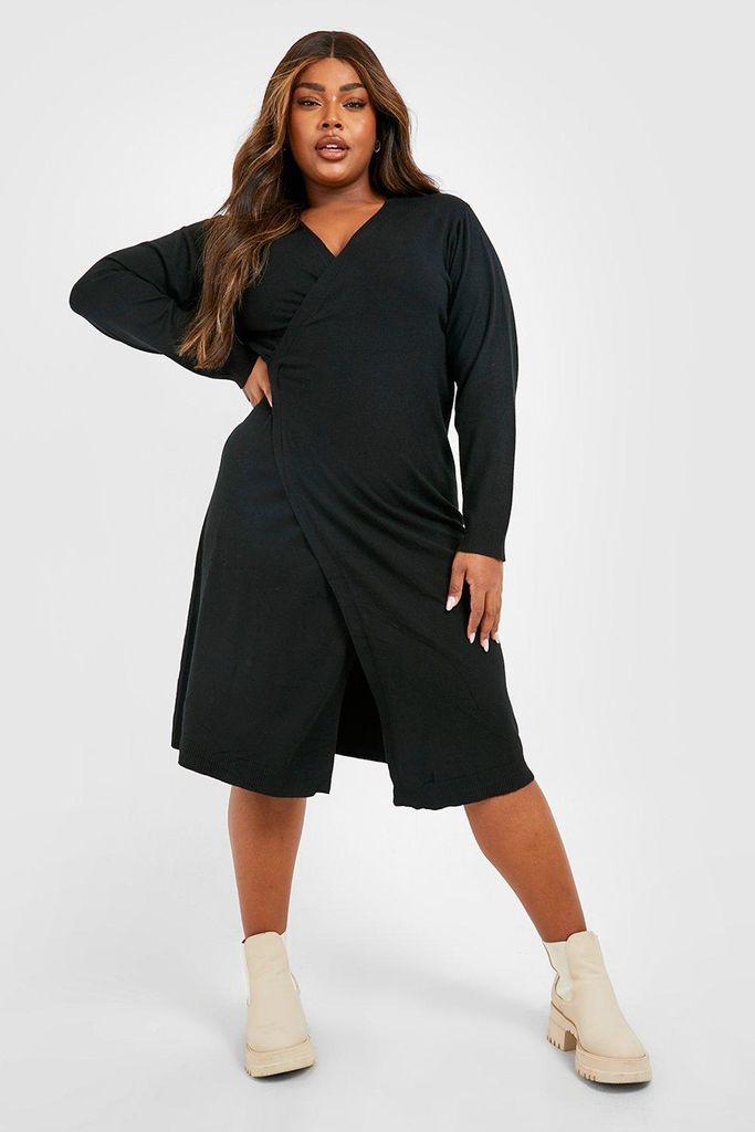 Womens Plus Knitted Wrap Midi Dress - Black - 16-18, Black
