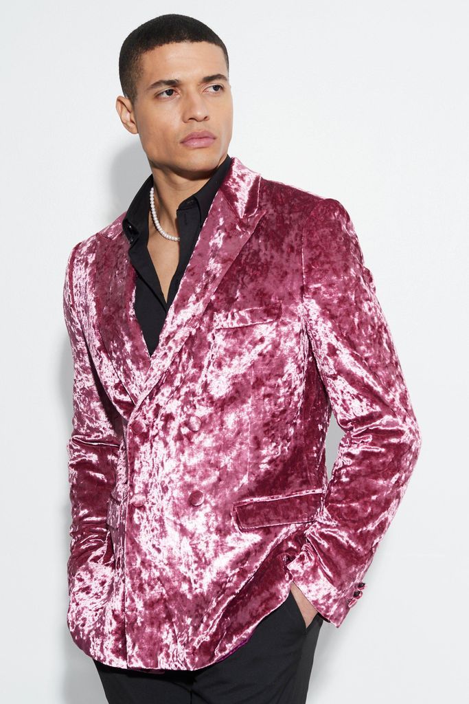 Men's Slim Crushed Velvet Double Breasted Blazer - Pink - 36, Pink