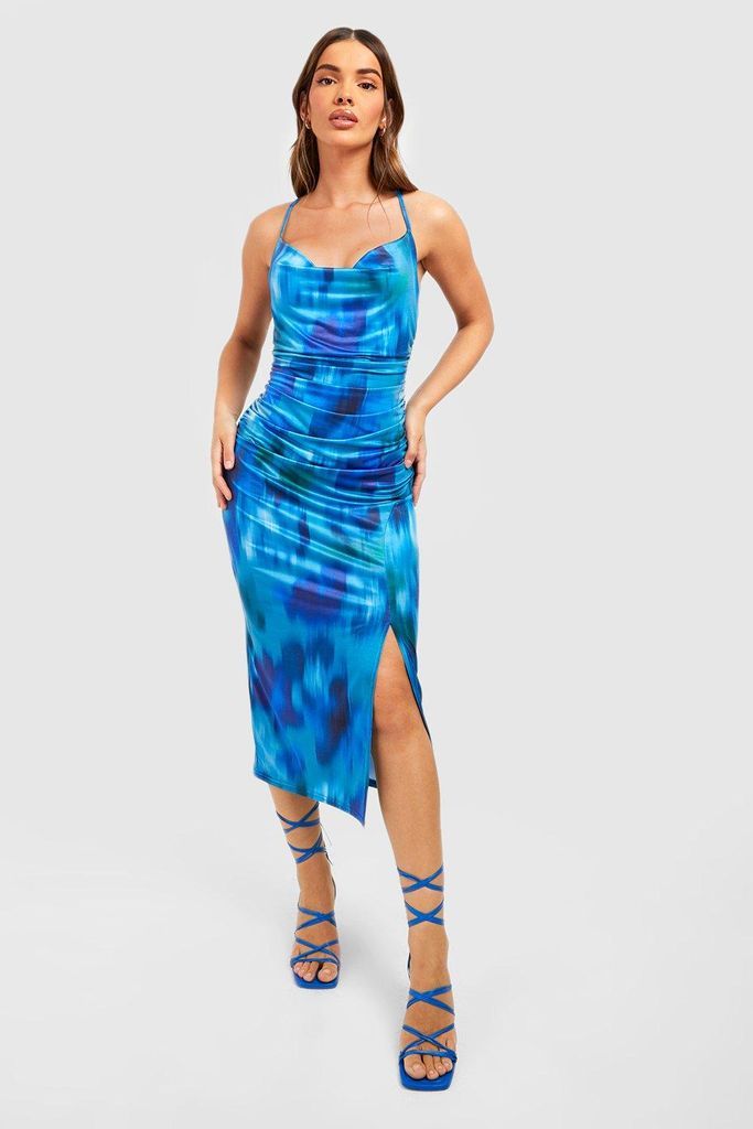 Womens Abstract Printed Slinky Midi Slip Dress - Blue - 18, Blue