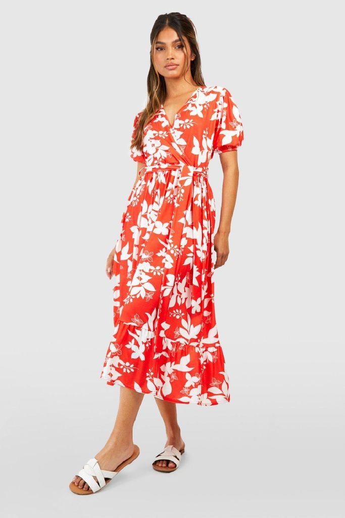 Womens Floral Puff Sleeve Wrap Midi Dress - Red - 10, Red