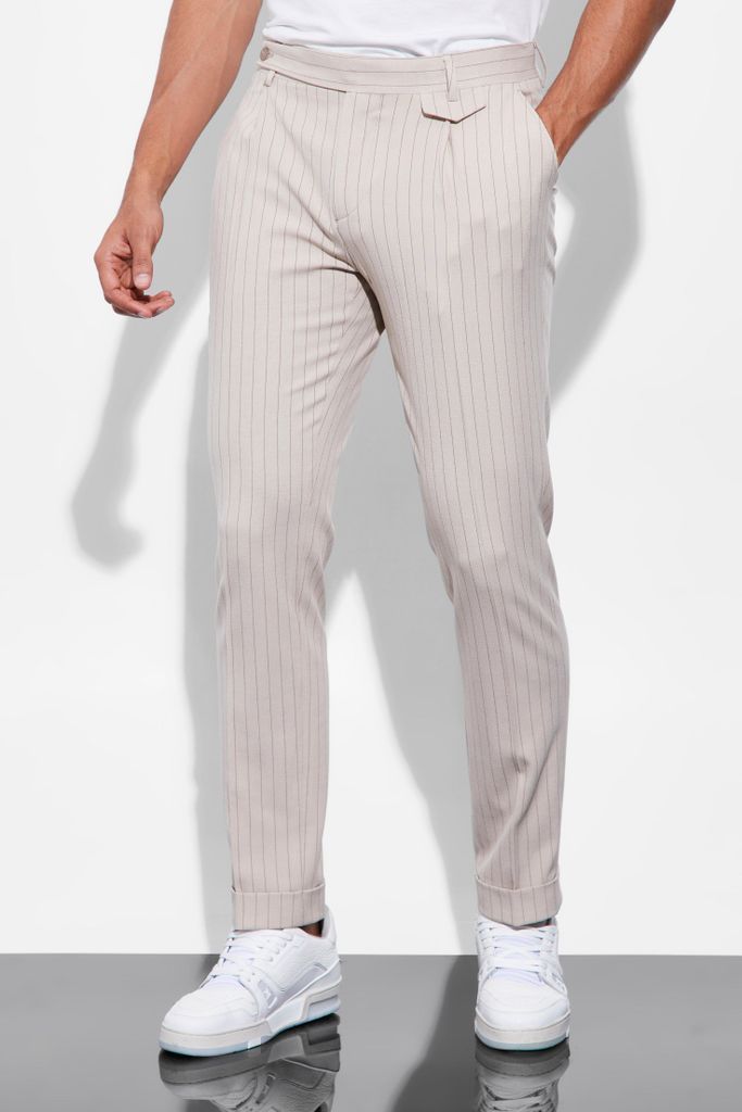 Men's Slim Turn Up Hem Pocket Stripe Trousers - Beige - 30S, Beige