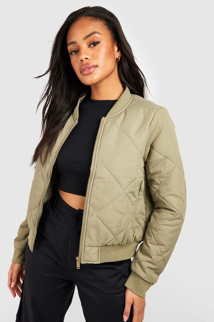 Womens Diamond Quilted Bomber Jacket - Green - 14, Green