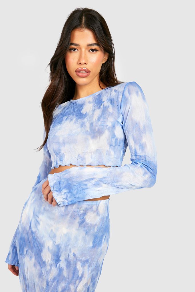 Womens Tall Marble Mesh Longsleeve Crop Top - Blue - 8, Blue