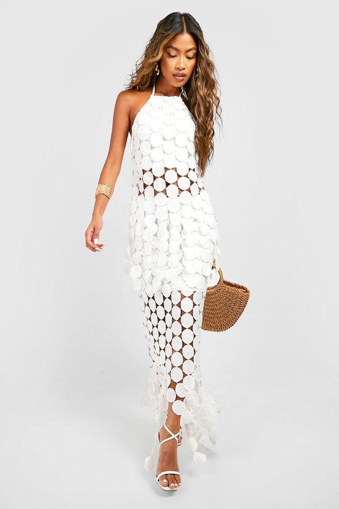 Womens Disk Crochet Asymmetric Hem Maxi Skirt - White - 10, White