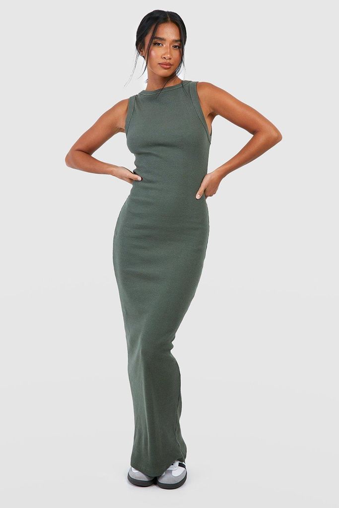 Womens Petite Premium Rib Slash Neck Maxi Dress - Green - 8, Green