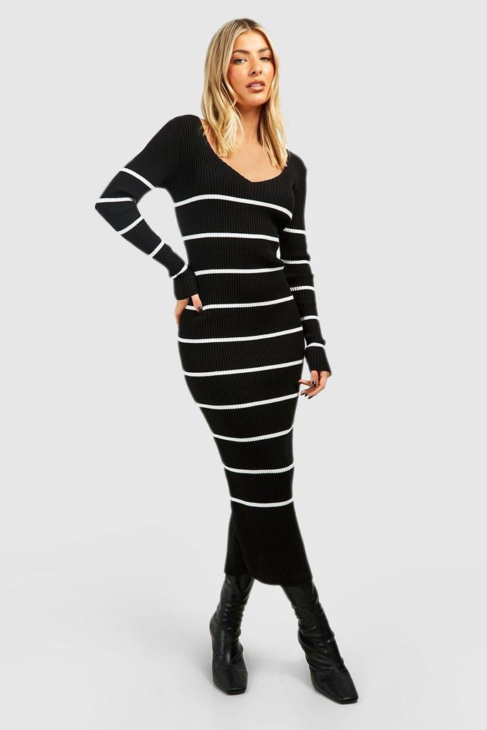 Womens Long Sleeve Stripe Midi Knit Dress - Black - M/L, Black