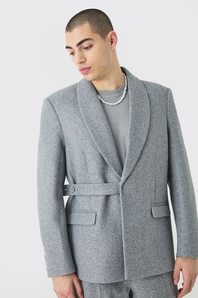 Men's Wool Look Oversized Strap Detail Blazer - Grey - 34, Grey