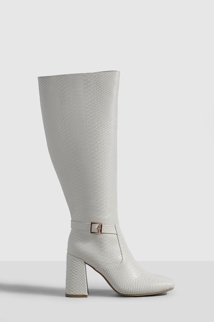 Womens Buckle Detail Block Heel Knee High Boots - White - 3, White