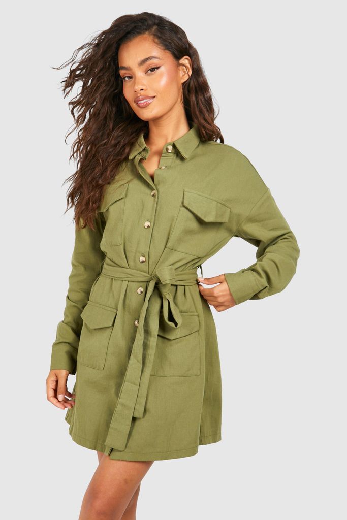 Womens Cotton Twill Utility Shirt Dress - Green - 8, Green