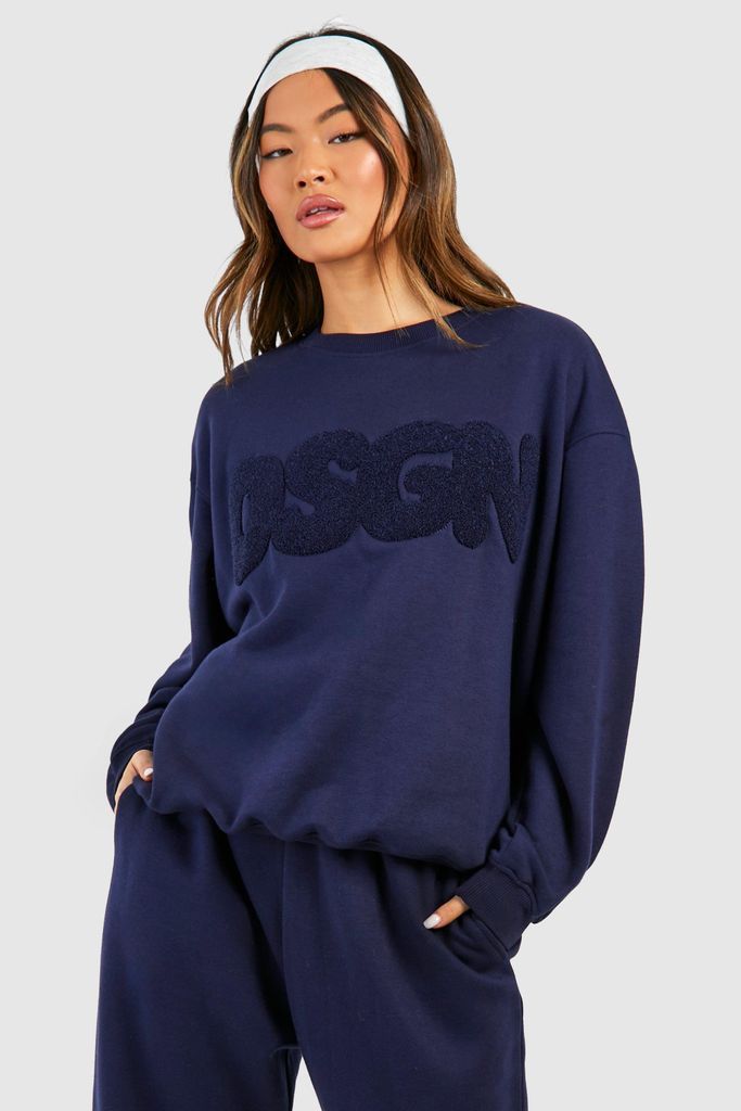 Womens Dsgn Studio Bubble Towelling Applique Oversized Sweatshirt - Navy - S, Navy