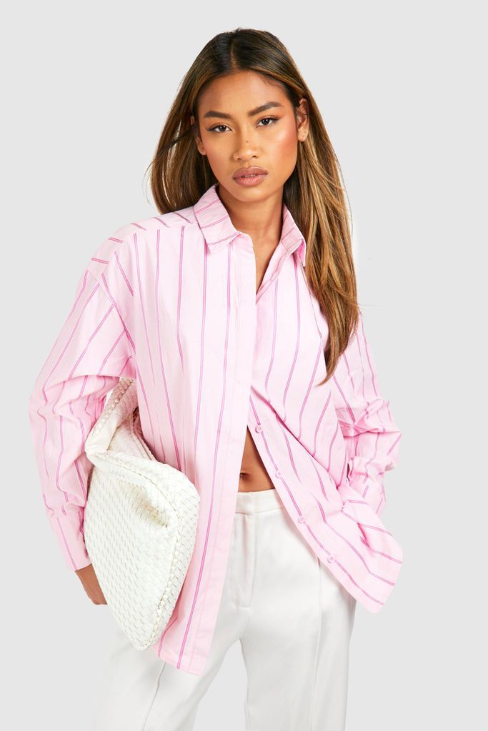 Womens Oversized Striped Drop Shoulder Shirt - Pink - 6, Pink