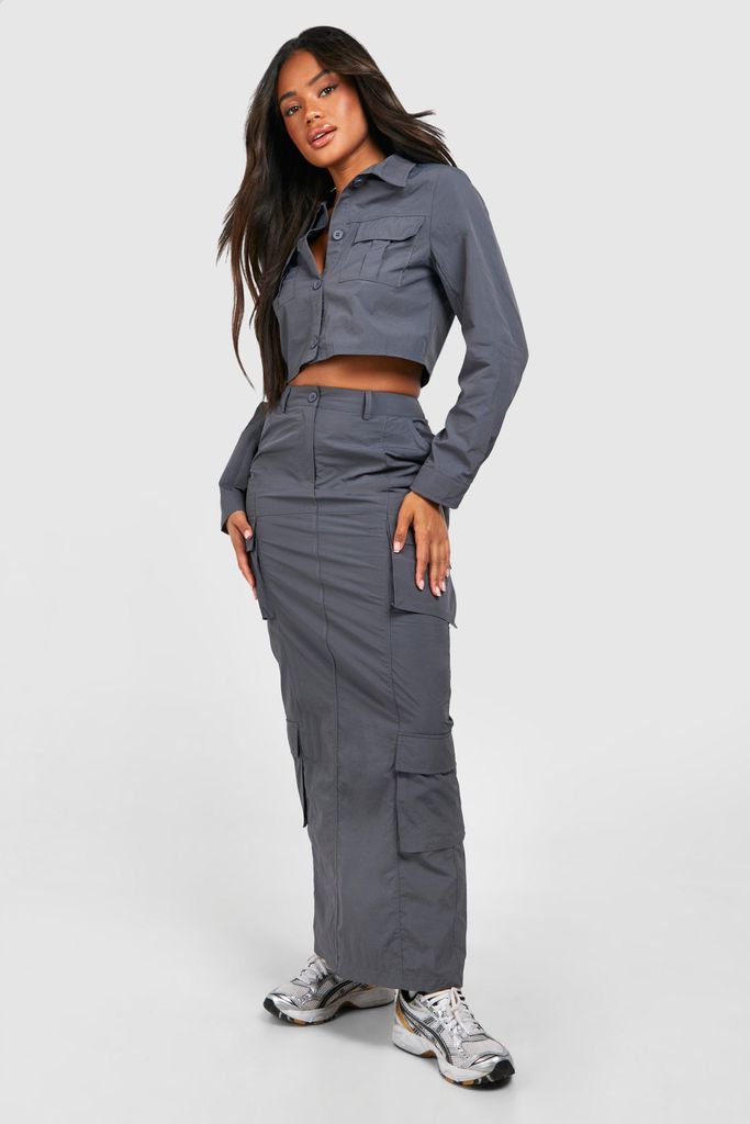 Womens Parachute Cargo Maxi Skirt - Grey - 6, Grey