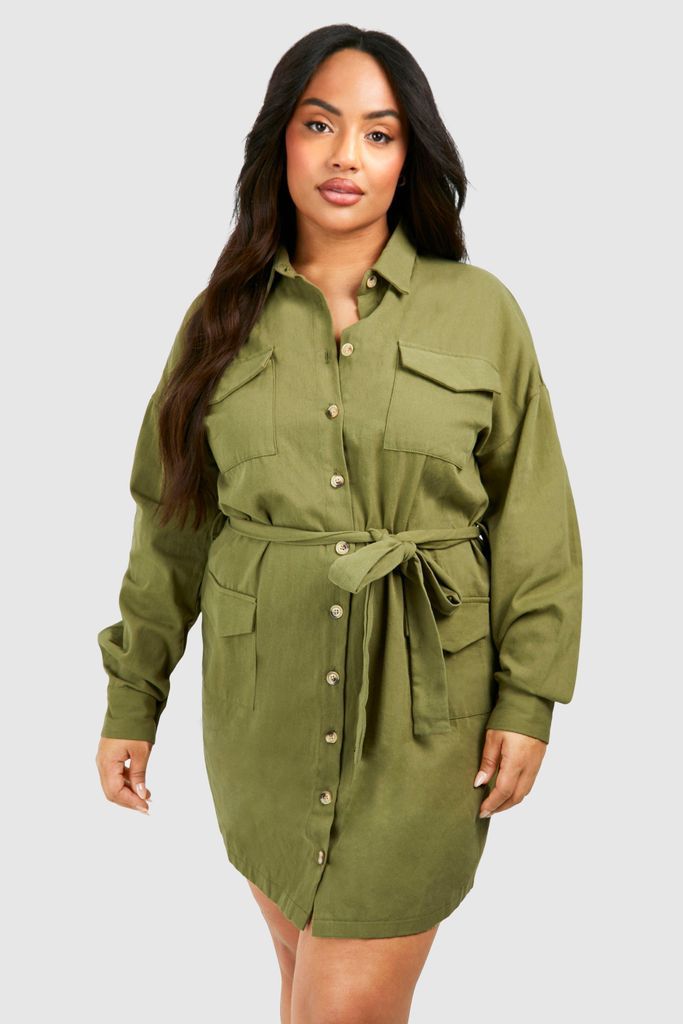 Womens Plus Cotton Twill Utility Shirt Dress - Green - 16, Green