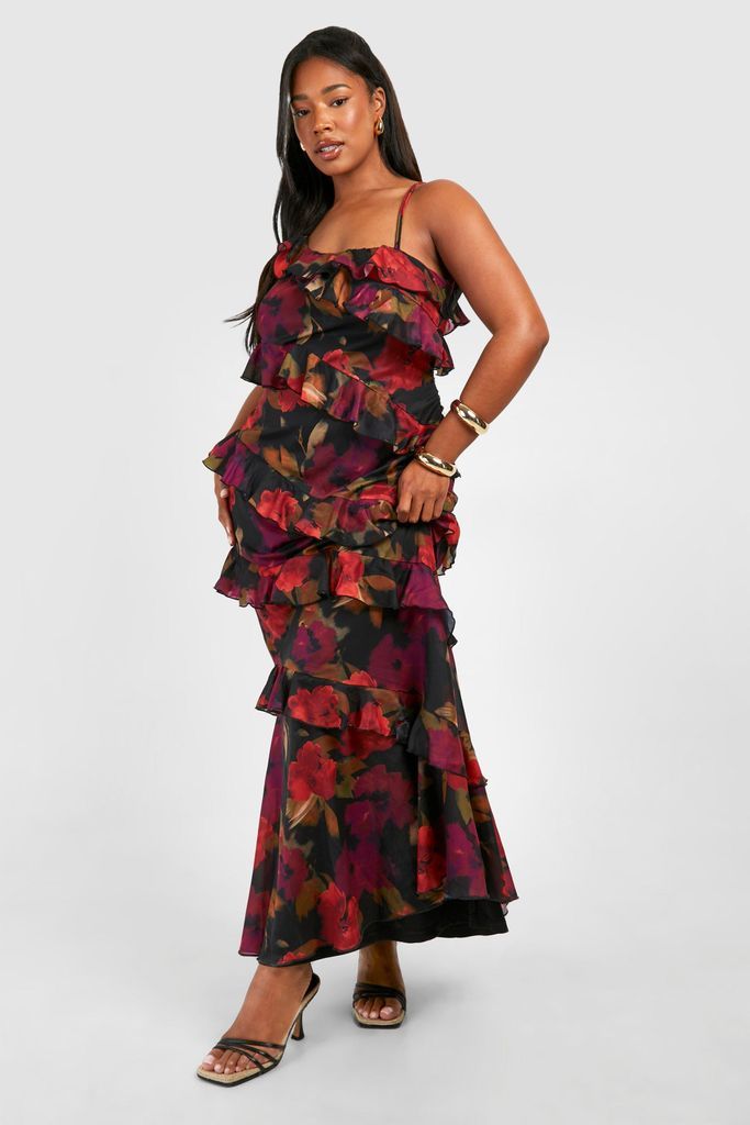 Womens Plus Floral Ruffle Asymmetric Maxi Dress - Black - 16, Black