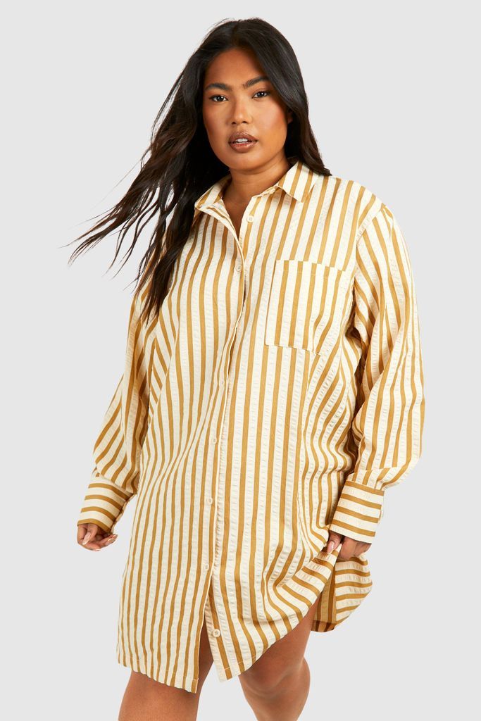 Womens Plus Textured Stripe Boxy Wide Sleeve Shirt Dress - Beige - 16, Beige