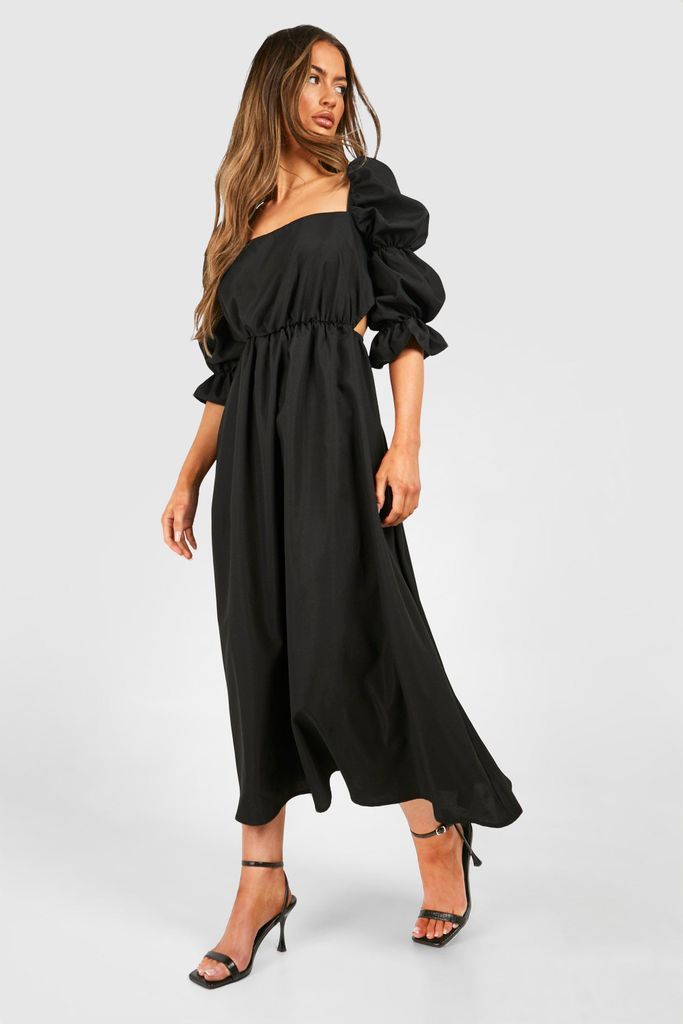 Womens Poplin Puff Sleeve Midaxi Dress - Black - 8, Black