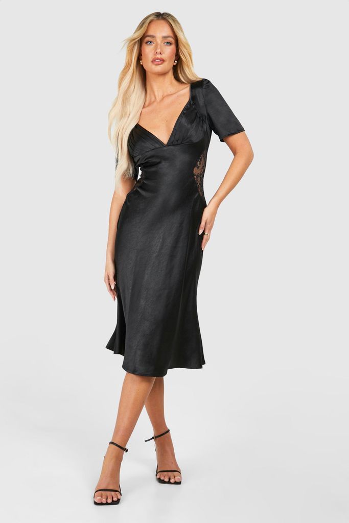 Womens Satin Lace Detail Midi Dress - Black - 8, Black