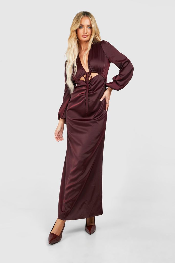 Womens Satin Rouched Cut Out Maxi Dress - Brown - 8, Brown