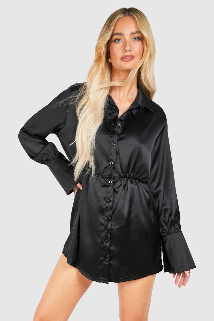 Womens Satin Shoulder Pad Mini Shirt Dress - Black - 8, Black