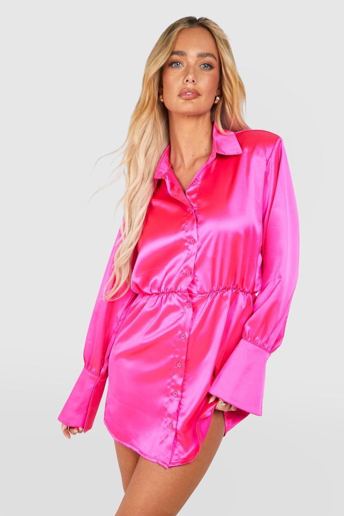 Womens Satin Shoulder Pad Mini Shirt Dress - Pink - 8, Pink