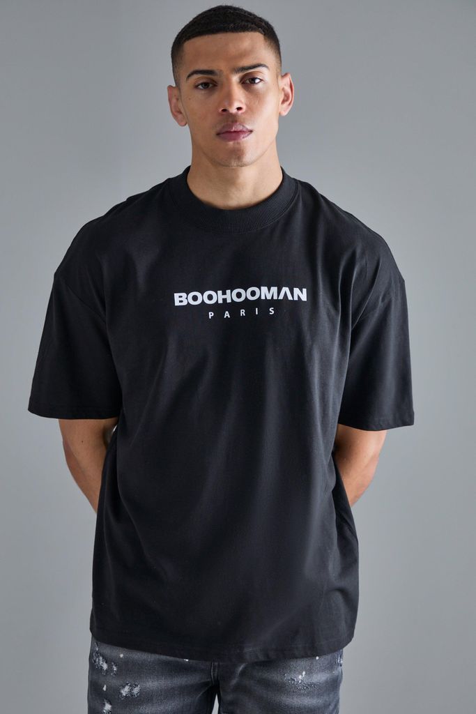 Men's Oversized Boohooman Paris Print T-Shirt - Black - S, Black