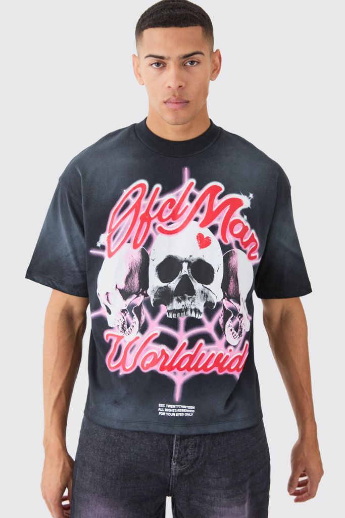 Men's Oversized Boxy Skull Graphic Washed Heavyweight T-Shirt - Black - S, Black