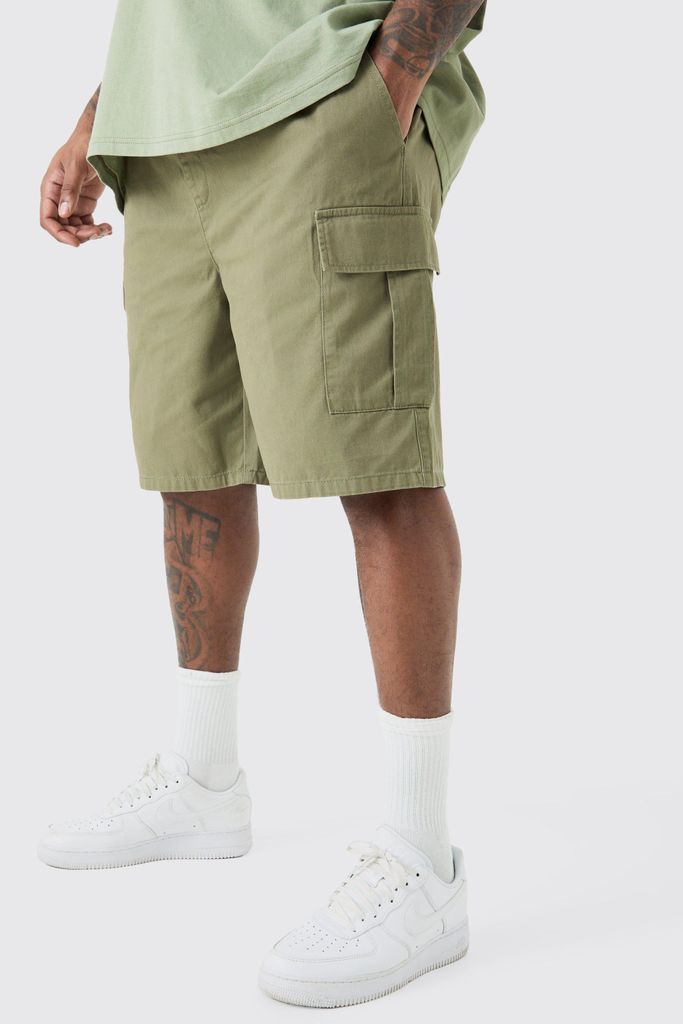Men's Plus Elastic Waist Relaxed Fit Cargo Shorts In Khaki - Green - Xxxl, Green