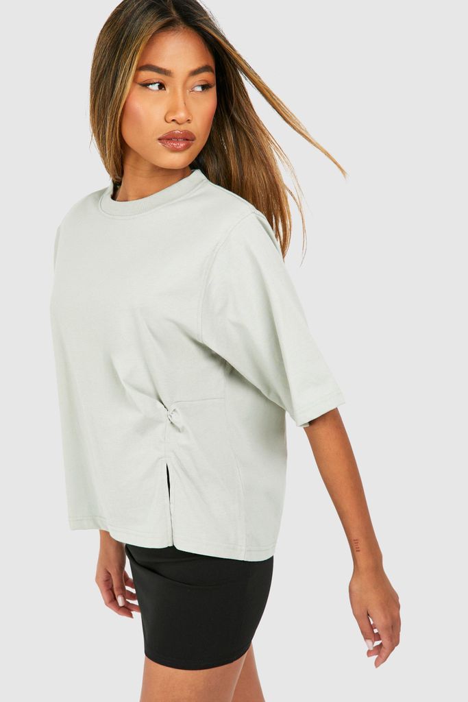 Womens Boxy Oversized Knot Hem T-Shirt With Shoulder Pads - Green - 6, Green