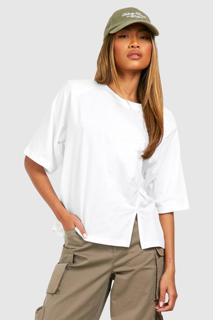Womens Boxy Oversized Knot Hem T-Shirt With Shoulder Pads - White - 6, White