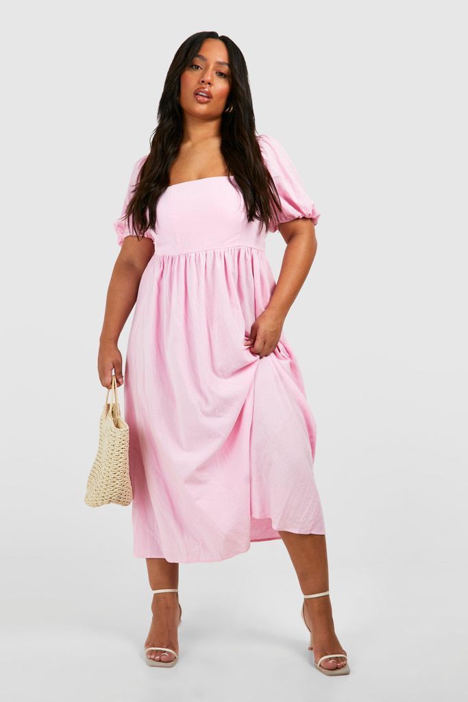 Womens Plus Linen Puff Sleeve Midaxi Smock Dress - Pink - 16, Pink