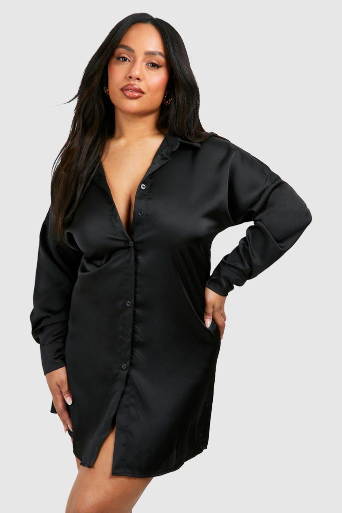 Womens Plus Satin Shirt Dress - Black - 16, Black